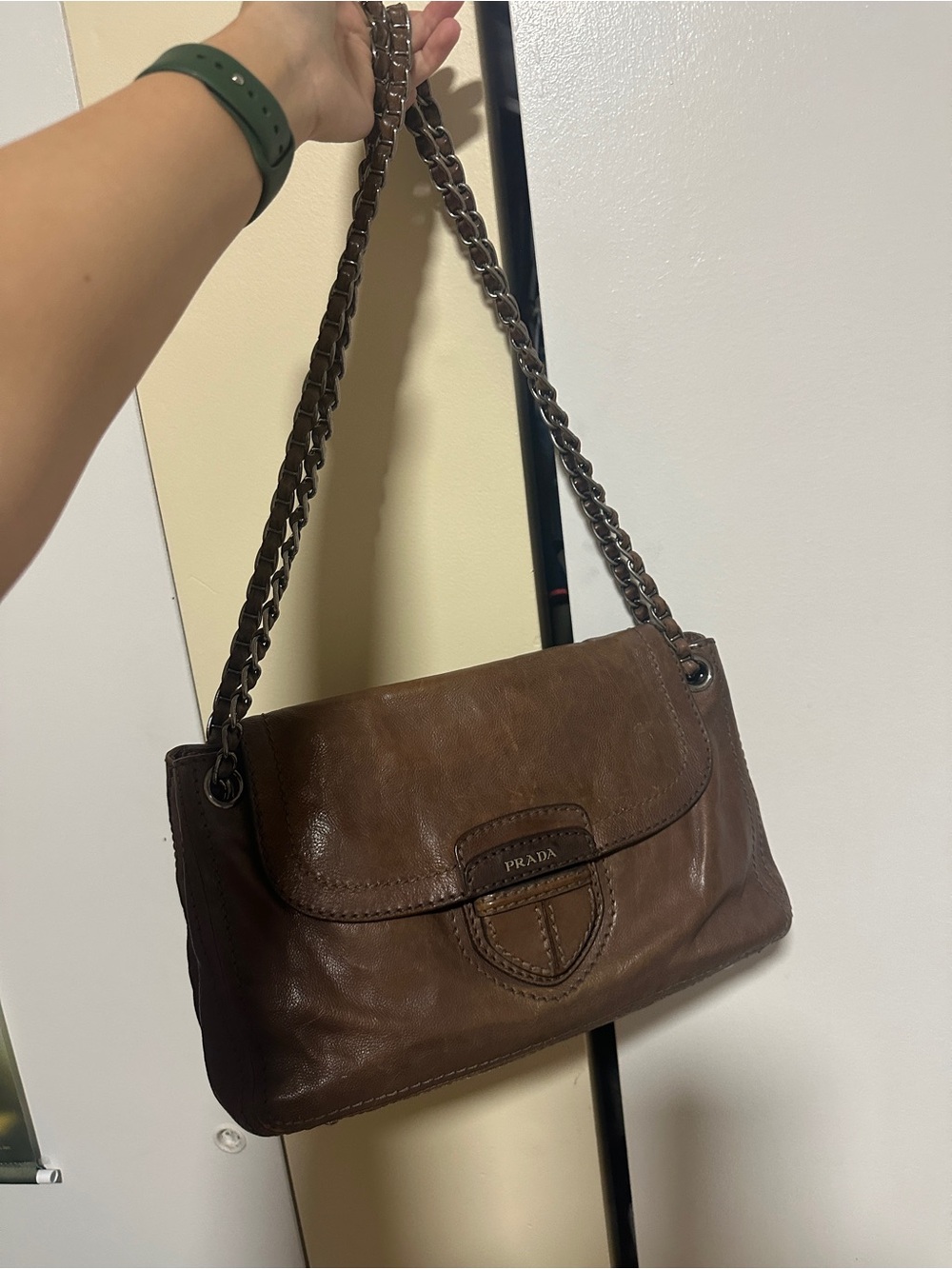 Prada vintage Chocolate Brown Leather Shoulder Bag with Chain Strap